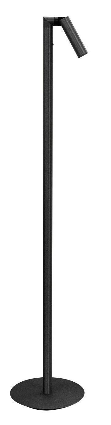 Schwarze Akku-Stehleuchte mit schlankem, modernem Design, seitliche Perspektive