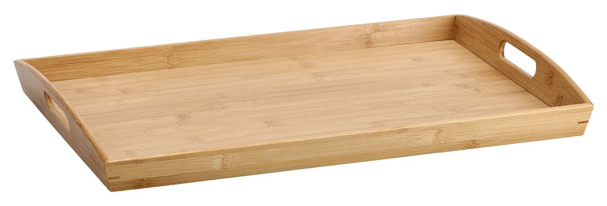 Holz-Serviertablett mit erhöhtem Rand und Griffen, Perspektive von schräg oben