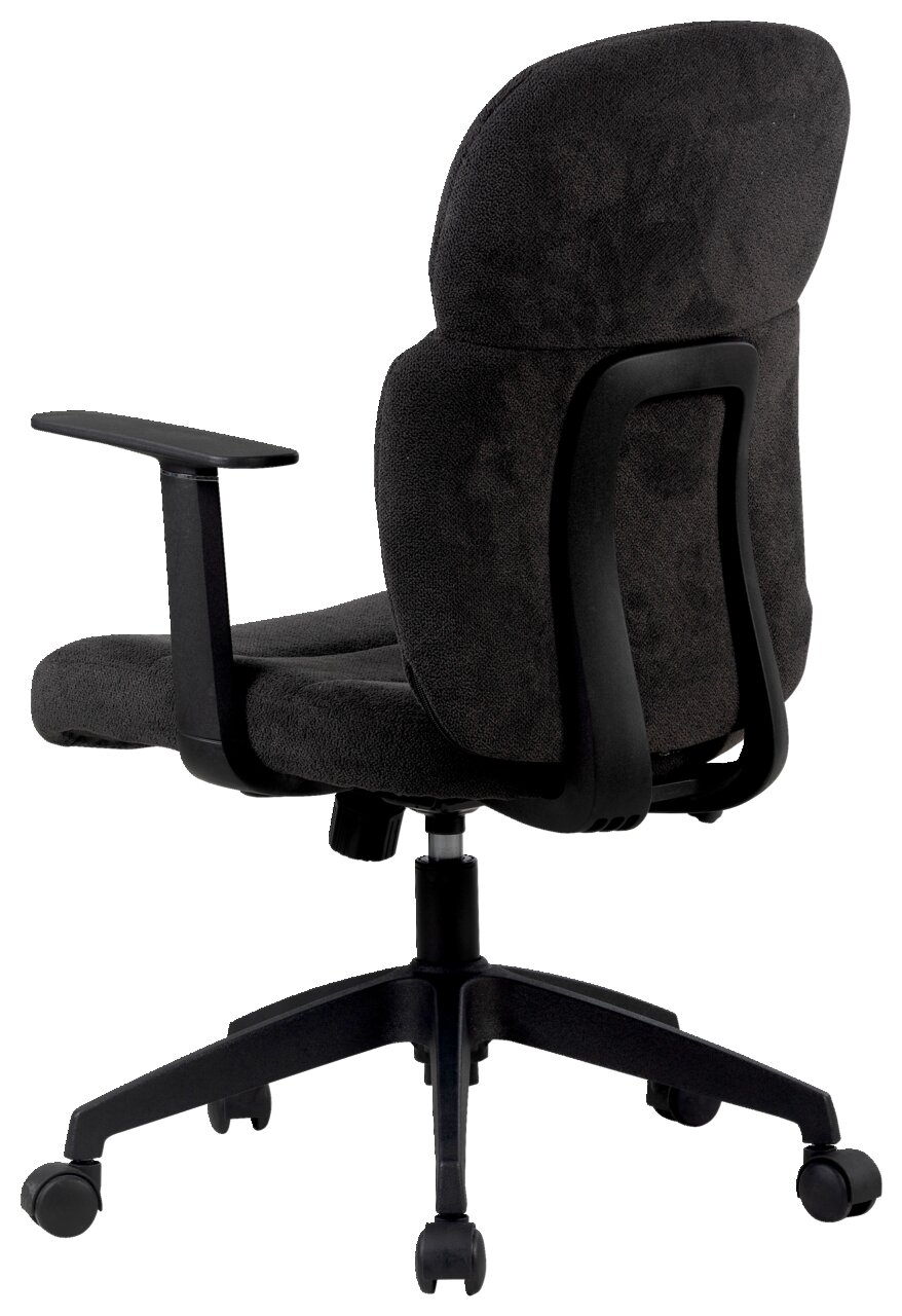 Rückansicht eines schwarzen Drehstuhls mit Armlehnen und gepolsterter Rückenlehne.