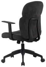 Rückansicht eines schwarzen Drehstuhls mit Armlehnen und gepolsterter Rückenlehne.