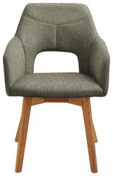 Moderner Sessel mit grauem Stoffbezug und Holzbeinen, Frontalansicht