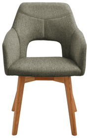 Moderner Sessel mit grauem Stoffbezug und Holzbeinen, Frontalansicht