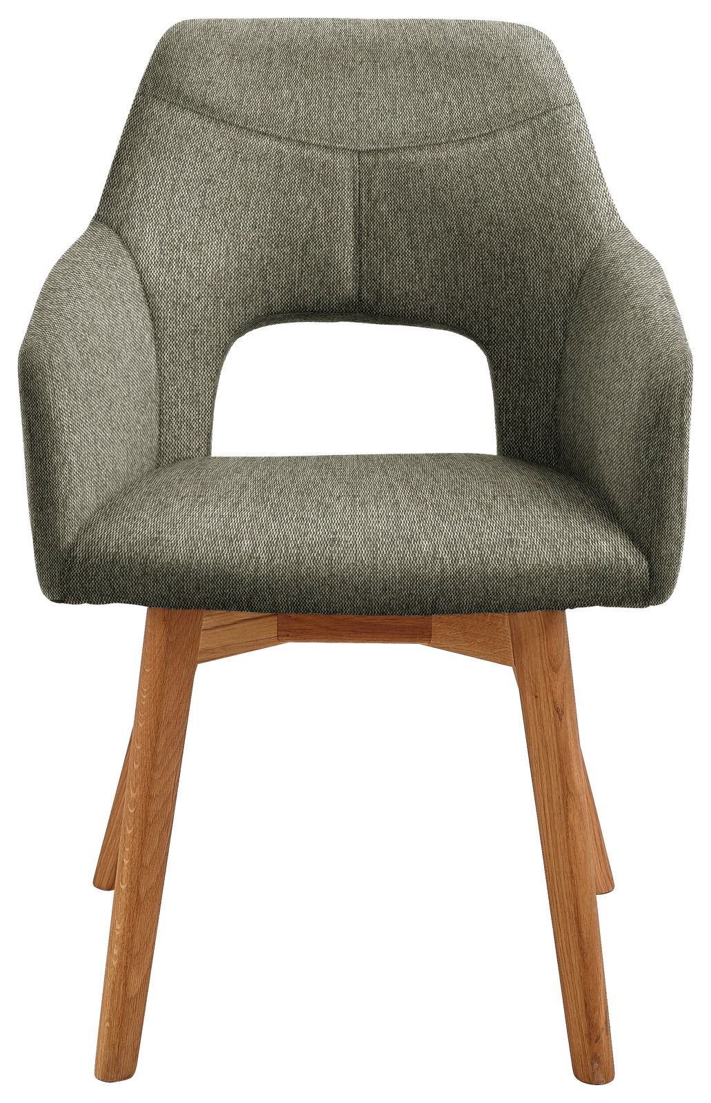 Moderner Sessel mit grauem Stoffbezug und Holzbeinen, Frontalansicht