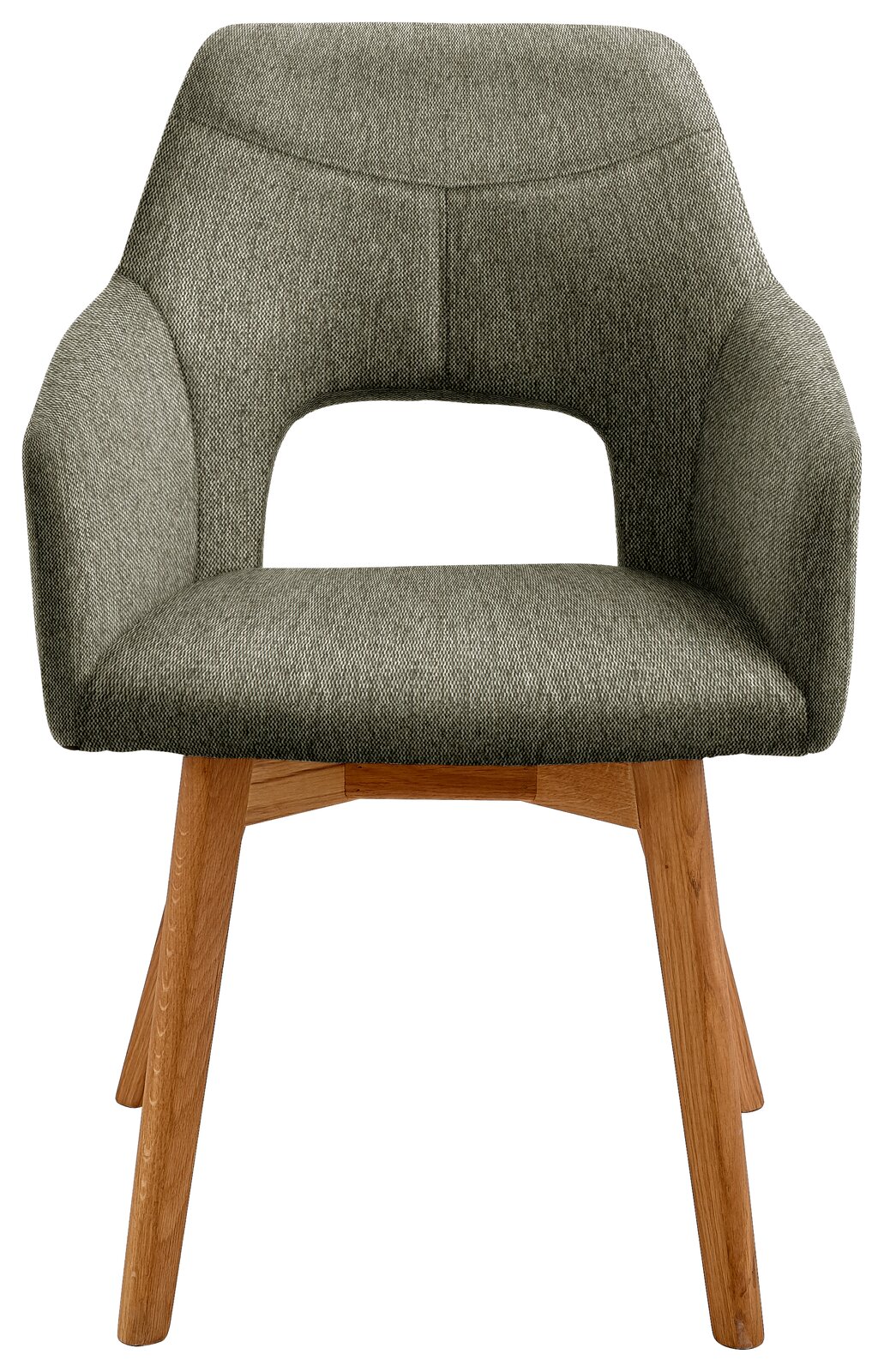 Moderner Sessel mit grauem Stoffbezug und Holzbeinen, Frontalansicht