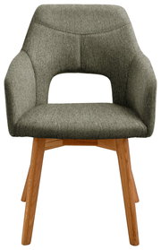 Moderner Sessel mit grauem Stoffbezug und Holzbeinen, Frontalansicht