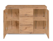 Kommode aus Holz mit geöffneter Frontansicht, zwei Türen und mehreren Fächern