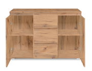 Kommode aus Holz mit geöffneter Frontansicht, zwei Türen und mehreren Fächern