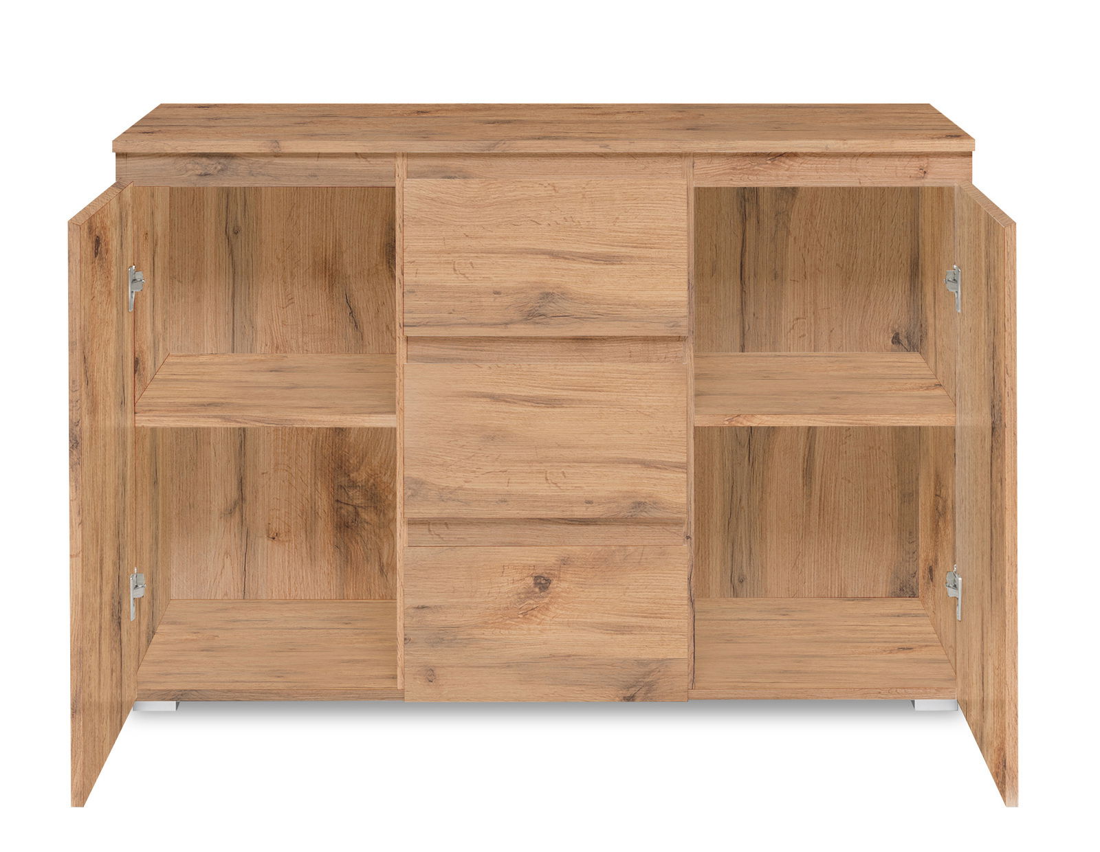 Kommode aus Holz mit geöffneter Frontansicht, zwei Türen und mehreren Fächern