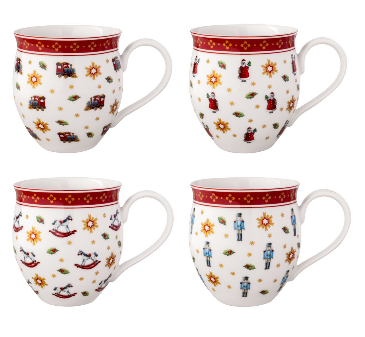 Villeroy & Boch Jubiläums-Becher-Set 4tlg Vier festliche Jubiläumsbecher mit weihnachtlichen Motiven wie Zügen, Weihnachtsmännern, Schaukelpferden und Nussknackern, aus der Vorderansicht.