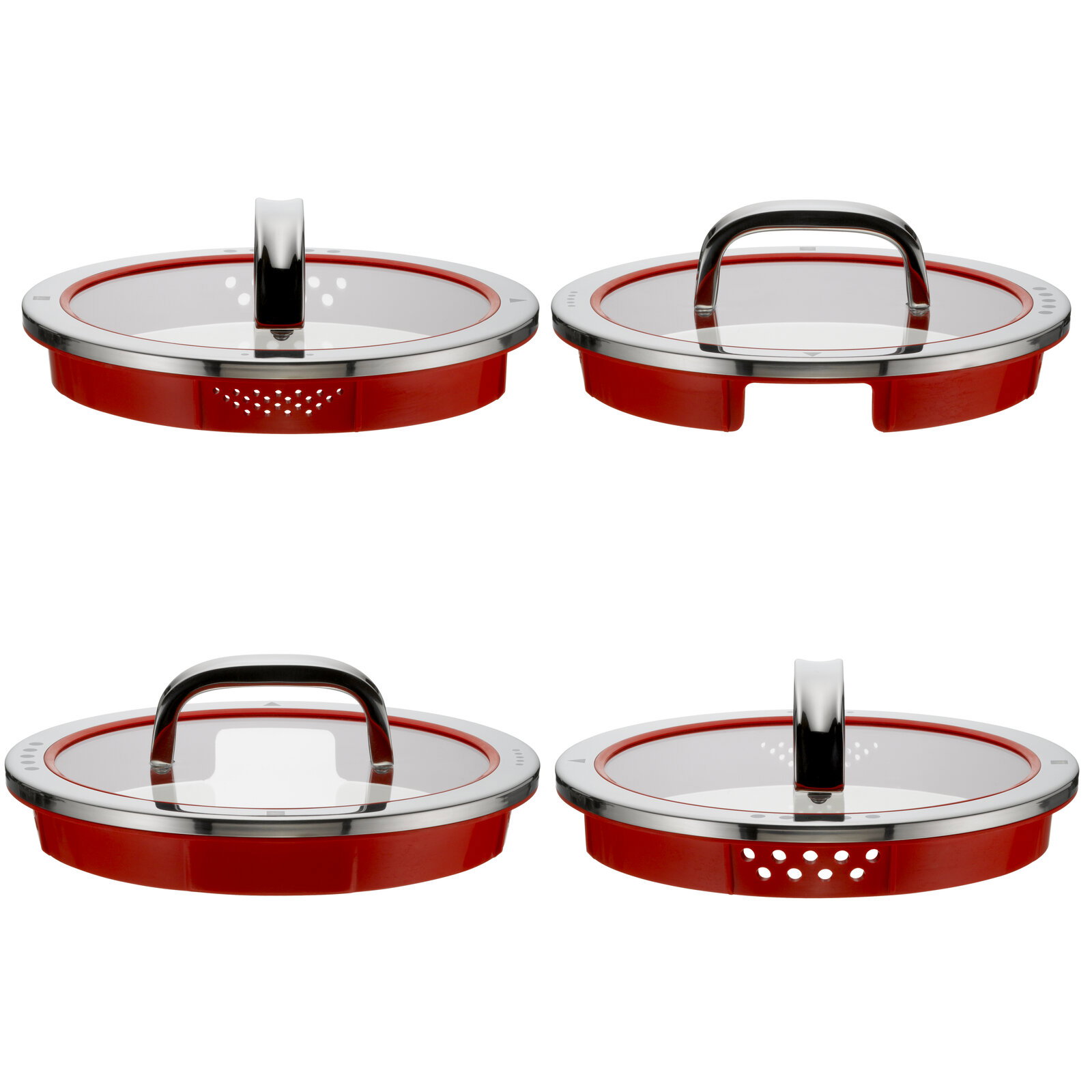 Vier rote Topfdeckel mit Edelstahlgriffen und Glasfenstern, aus verschiedenen Perspektiven gezeigt.