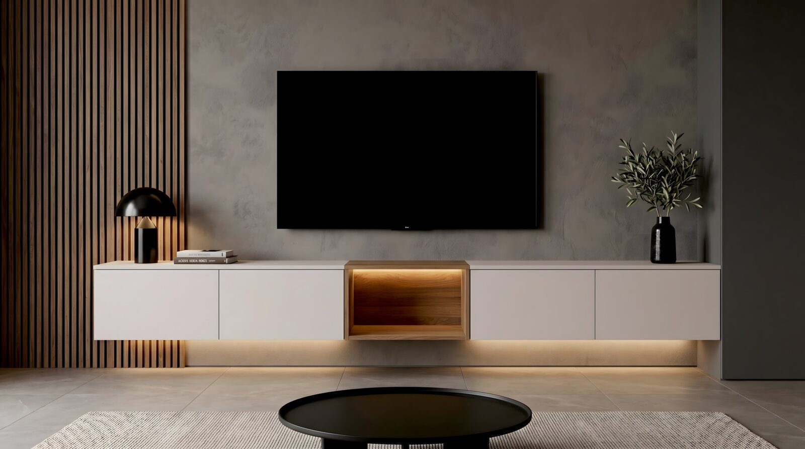 Frontale Ansicht eines modernen, schwebenden TV-Lowboards in Weiß mit mittigem Holzfach und indirekter LED-Beleuchtung unter einem wandmontierten Flachbildfernseher; links Tischlampe und Bücher, rechts Vase mit Zweigen.