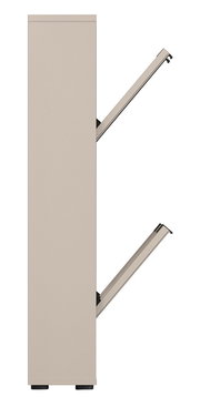 Seitenansicht eines hohen, beigefarbenen Schranks mit zwei schräg nach außen geöffneten Klappen auf weißem Hintergrund