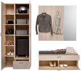 Garderobenkombination mit Schrank, Spiegel, Hakenleiste und Sitzbank, frontal betrachtet