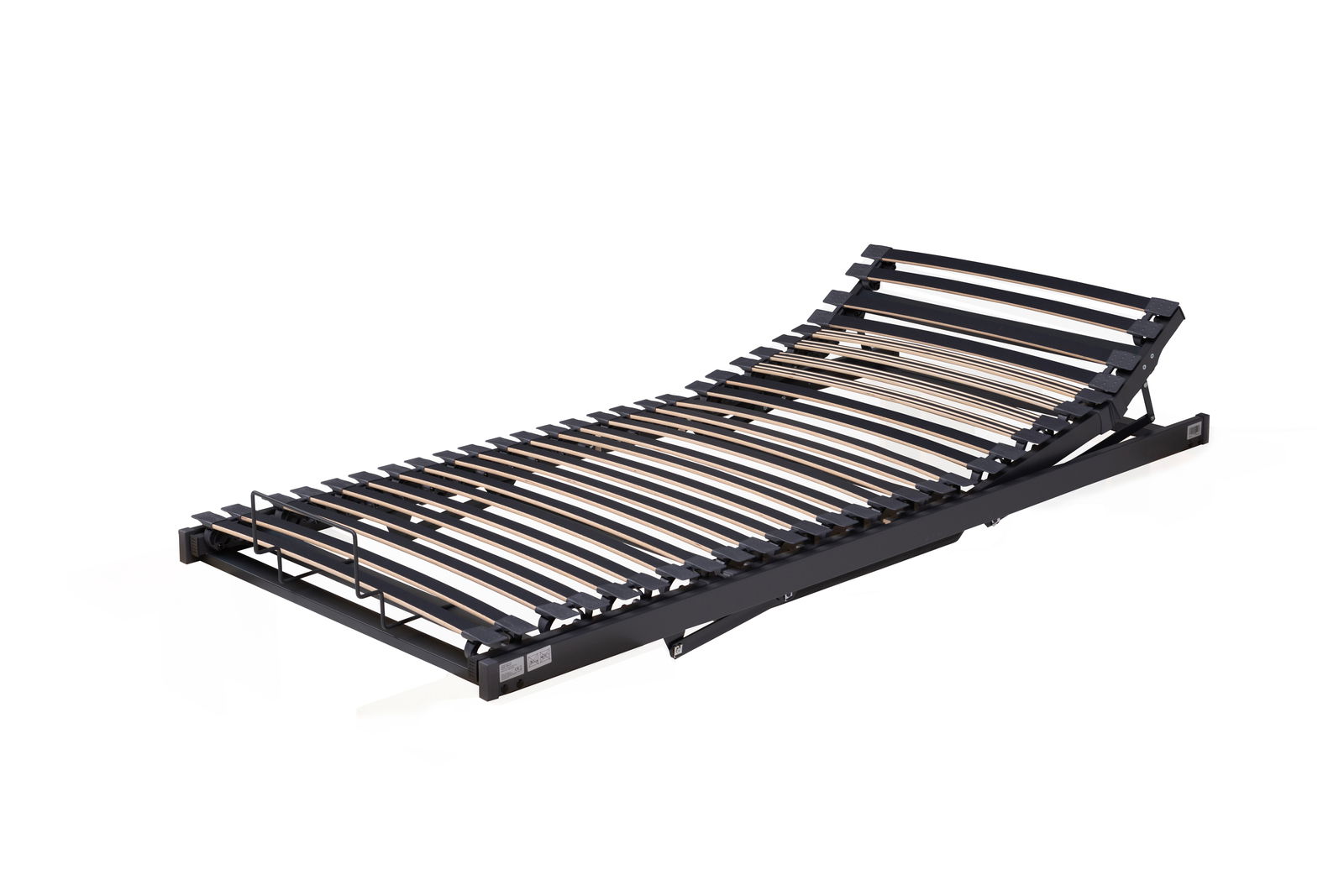Seitliche Perspektive auf einen verstellbaren Lattenrost mit gebogenen Holzlatten und einem stabilen Rahmen.