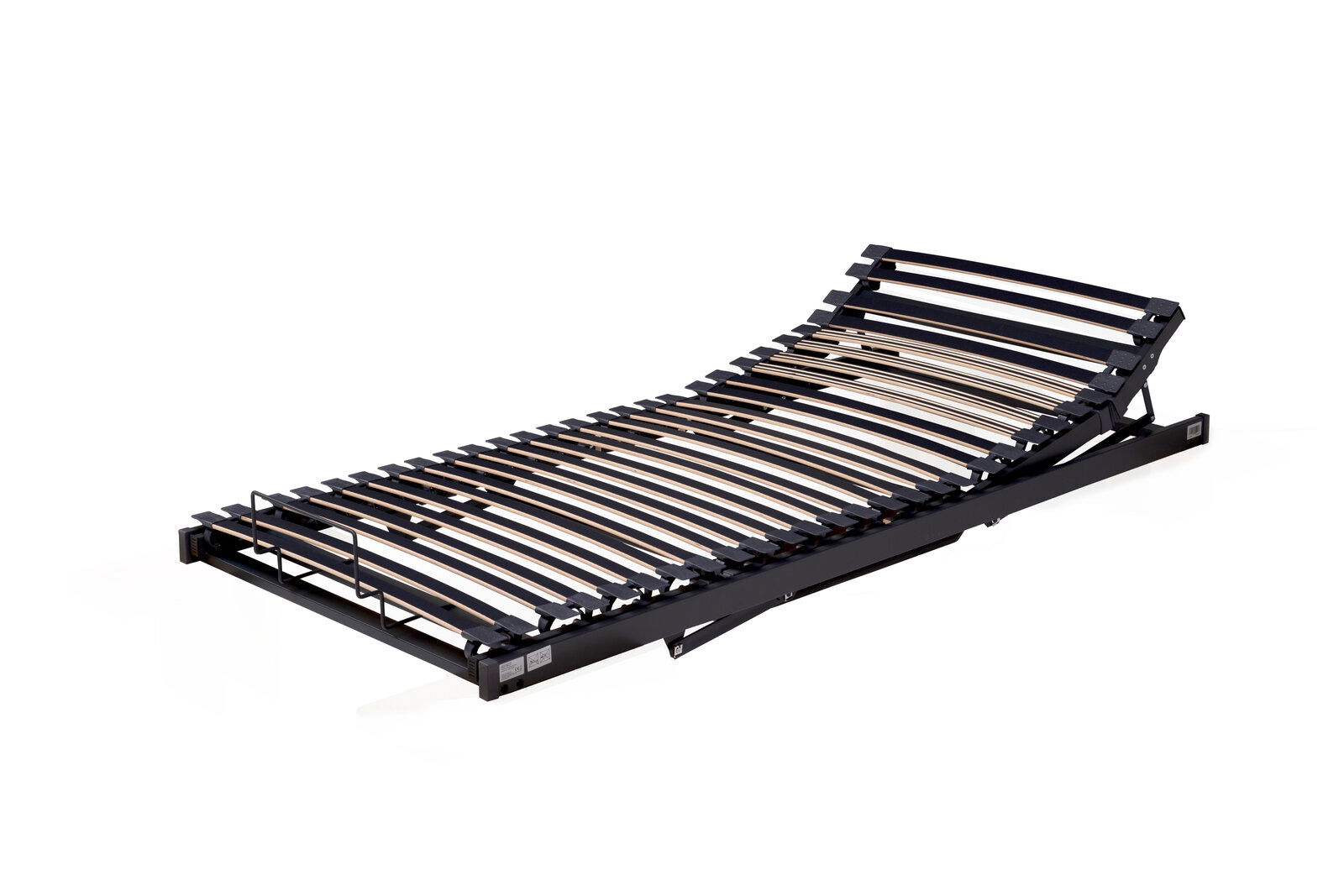 Seitliche Perspektive auf einen verstellbaren Lattenrost mit gebogenen Holzlatten und einem stabilen Rahmen.