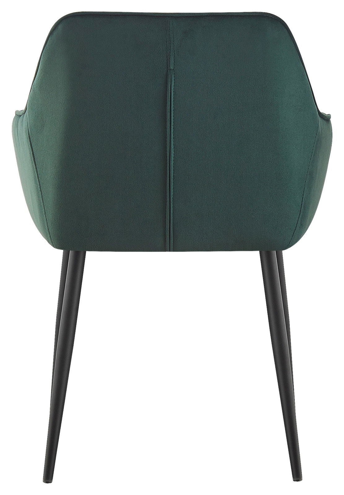 Rückansicht eines grünen Armlehnstuhls mit schwarzen Beinen