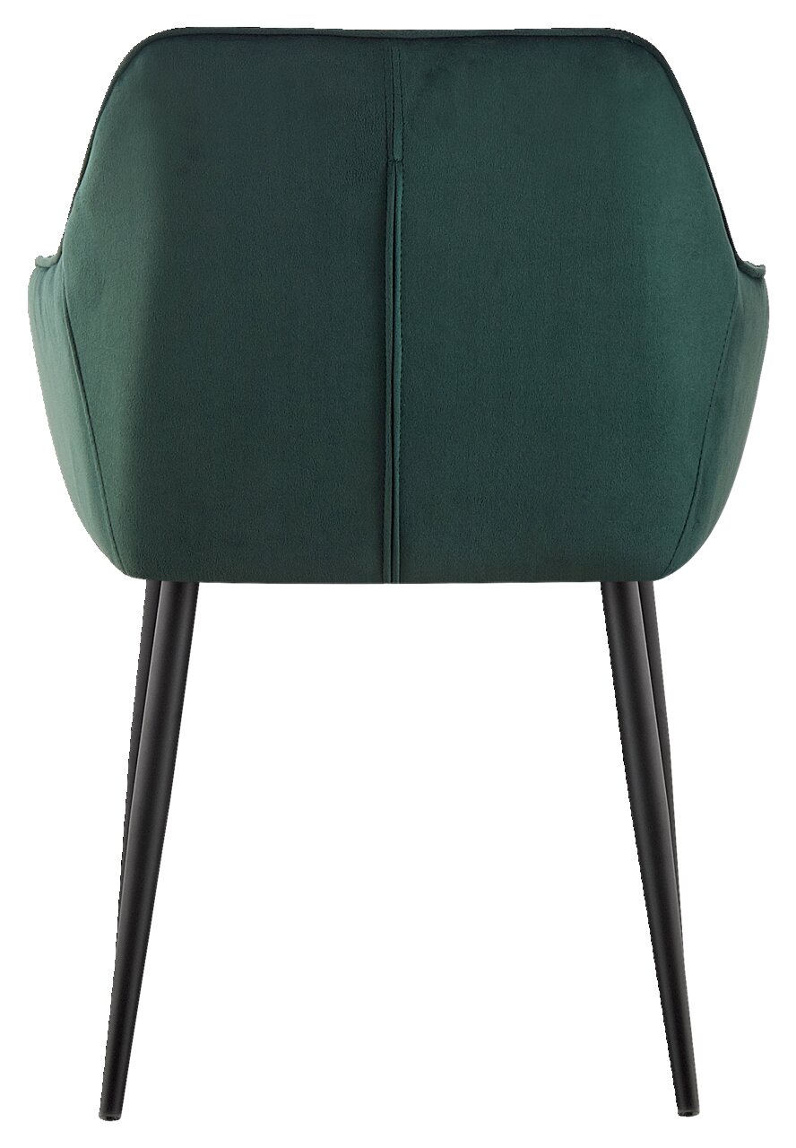 Rückansicht eines grünen Armlehnstuhls mit schwarzen Beinen