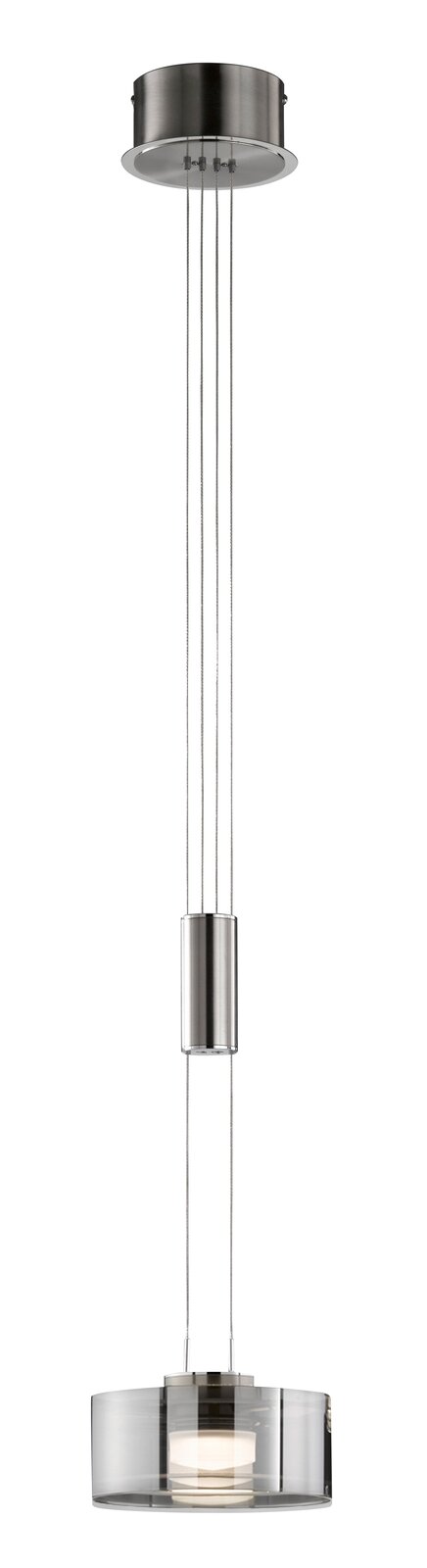 Moderne Pendelleuchte mit rundem Deckenbaldachin aus gebürstetem Metall, mehradriger Seilaufhängung und zylindrischem, rauchgrauem Glasschirm mit integriertem Diffusor, freigestellt auf weißem Hintergrund, Frontansicht.