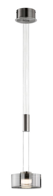 Moderne Pendelleuchte mit rundem Deckenbaldachin aus gebürstetem Metall, mehradriger Seilaufhängung und zylindrischem, rauchgrauem Glasschirm mit integriertem Diffusor, freigestellt auf weißem Hintergrund, Frontansicht.