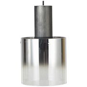 Moderne Hängelampe mit zylindrischem, transparentem Schirm und schwarzem Aufsatz, frontal betrachtet.