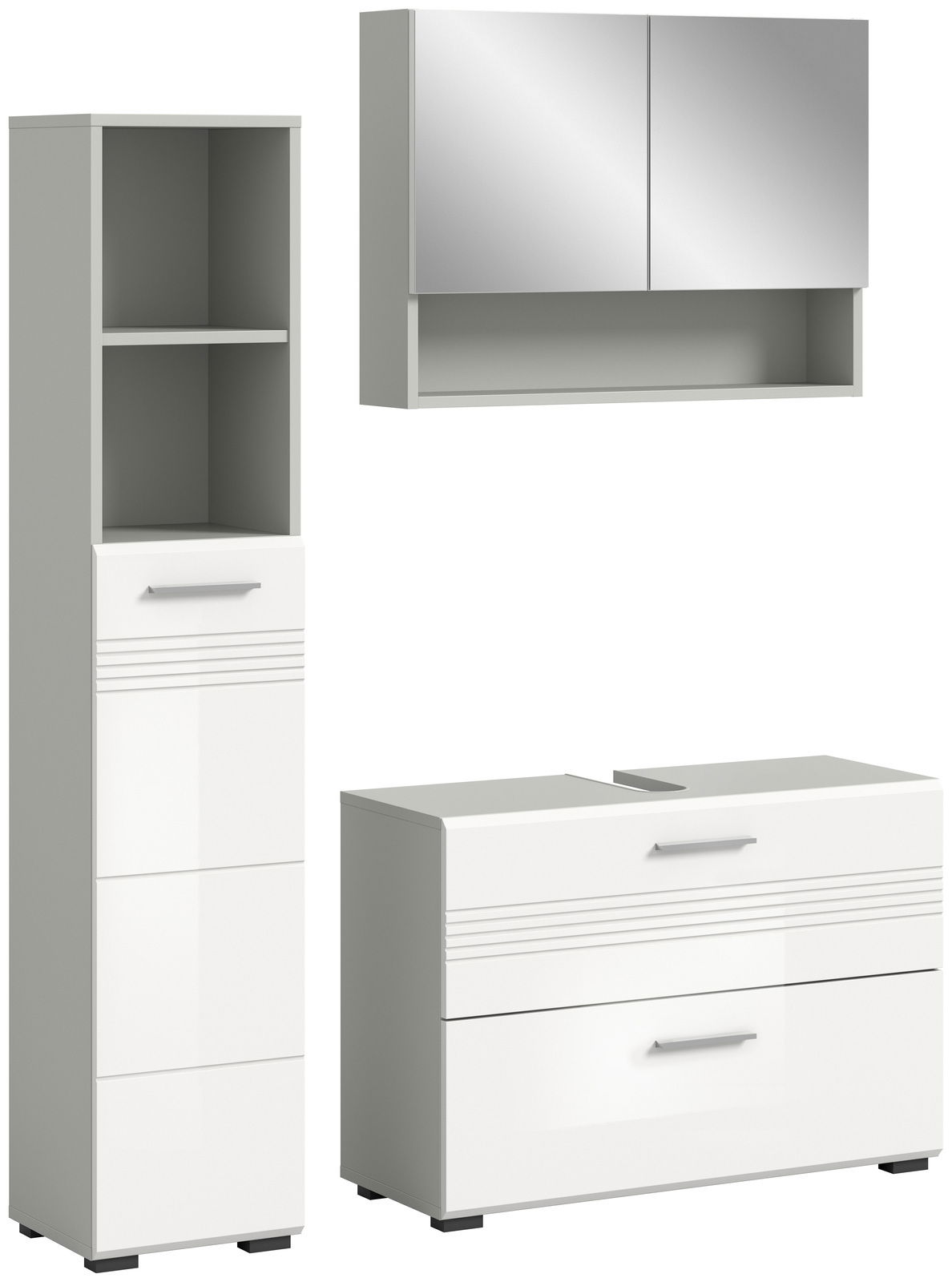 MID.YOU Badkombination COPA Moderne Badkombination bestehend aus einem hohen Schrank mit offenen Fächern und Schubladen, einem Spiegelschrank und einem Waschtischunterschrank, in weißem Hochglanzdesign, frontal und seitlich betrachtet.