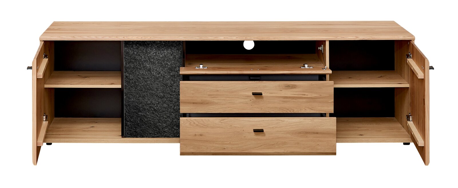 Cantus Lowboard REIMS Offenes TV-Lowboard aus Holz in Eicheoptik mit zwei Seitentüren, zwei Schubladen, offenem Gerätefach und dunkler Akzentfront, Frontansicht.