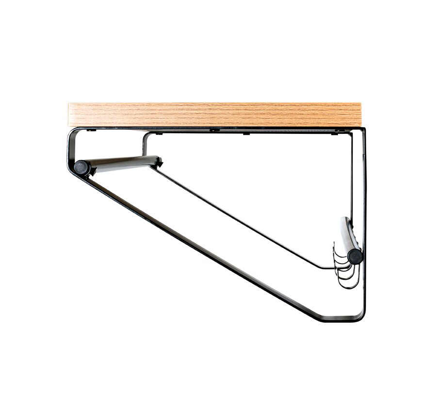 Wandmontierte klappbare Garderobe mit Holzablage und schwarzem Metallrahmen, seitliche Ansicht