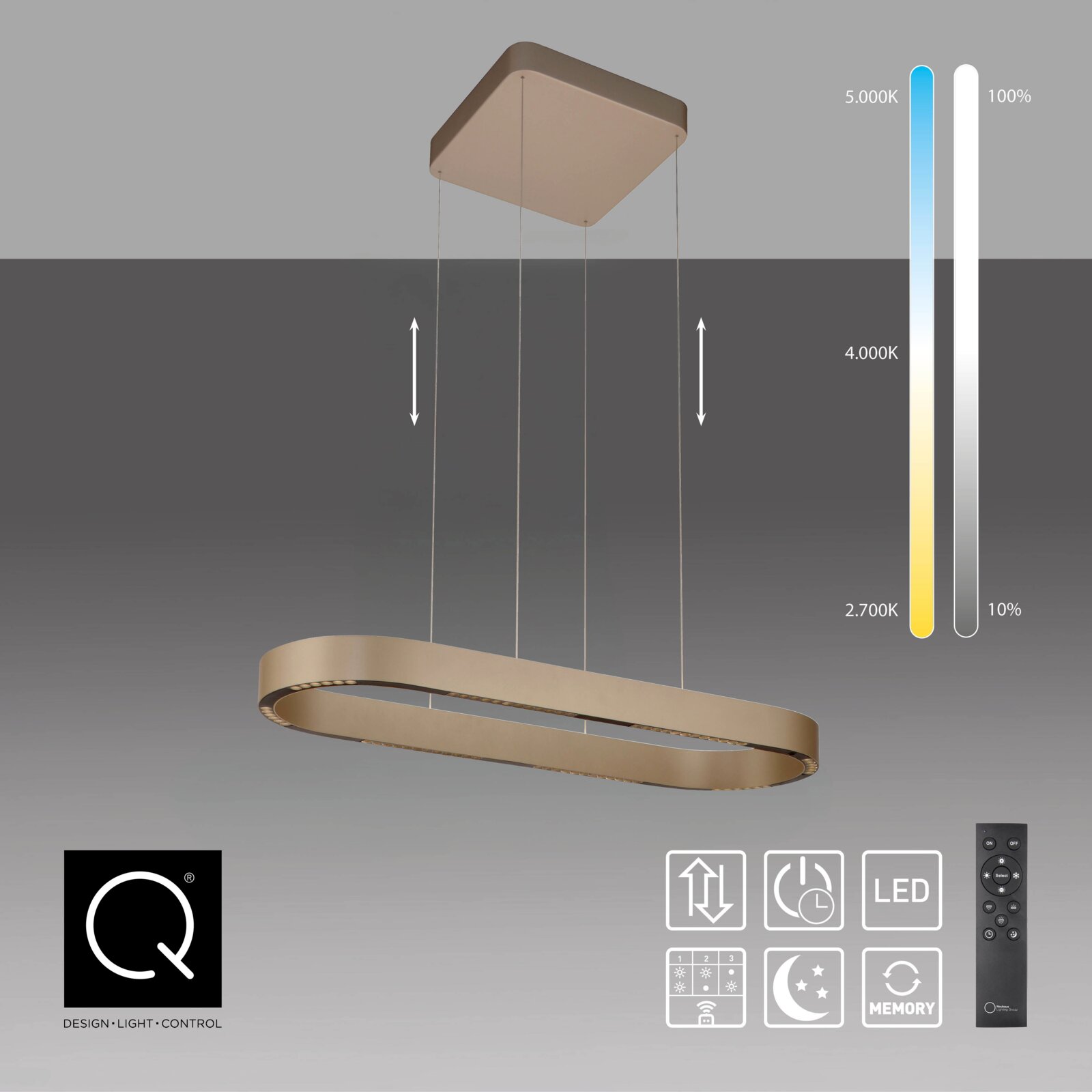 Moderne LED-Pendelleuchte in ovaler Ringform mit champagnerfarbenem Metallrahmen, höhenverstellbar an vier Seilabhängungen, Ansicht schräg von vorn/unten; mit Fernbedienung, dimmbar und einstellbarer Farbtemperatur (ca. 2700–5000 K) sowie Memory-Funktion