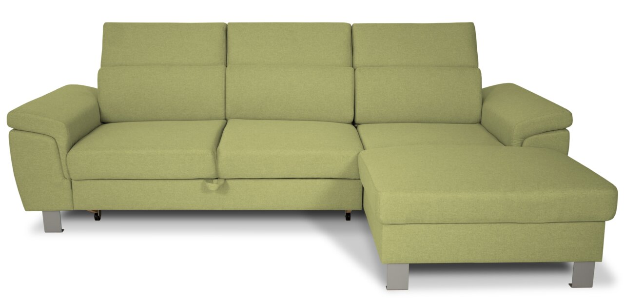 Groene hoekbank TIM met ottomane rechts, vooraanzicht