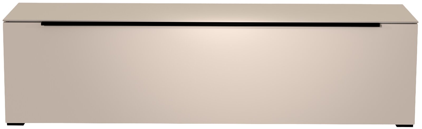 Frontansicht eines modernen, minimalistischen TV-Lowboards in Beige mit glatter Oberfläche und schwarzem Akzent.
