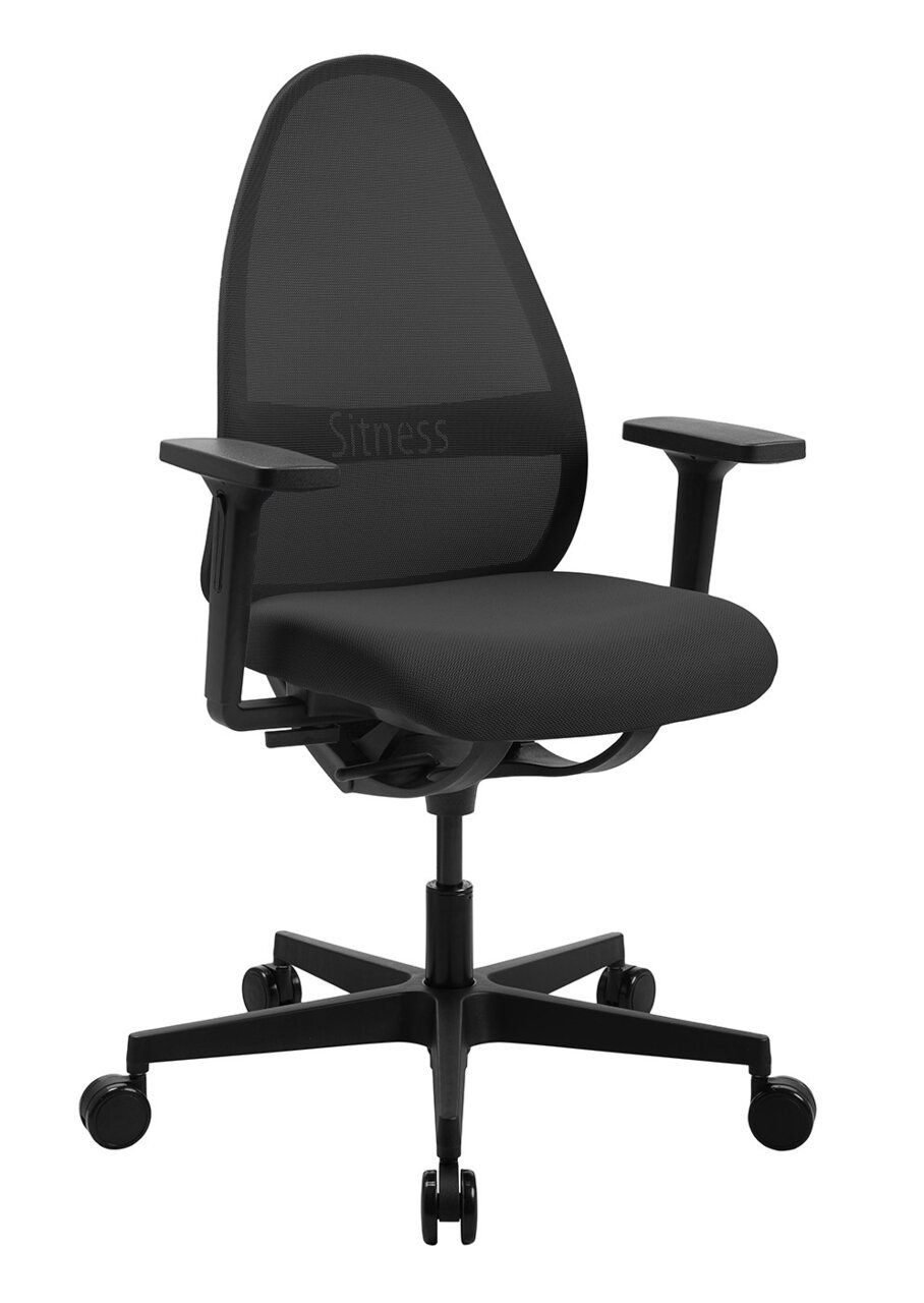 Sitness Bürostuhl ART Schwarzer Bürostuhl mit Netzrückenlehne und Armlehnen, seitliche Perspektive