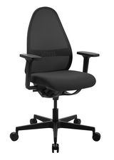 Schwarzer Bürostuhl mit Netzrückenlehne und Armlehnen, seitliche Perspektive