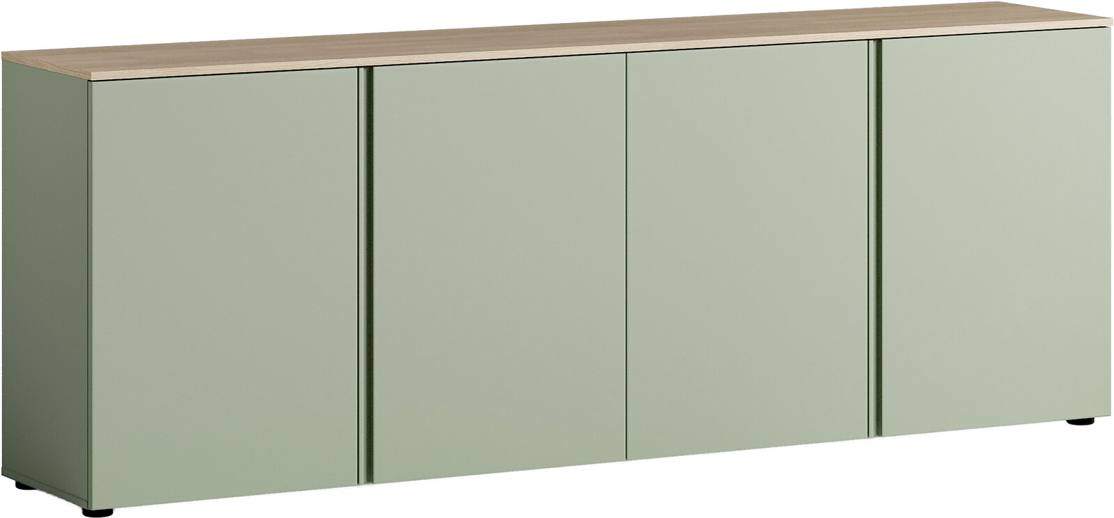 XL-Sideboard in hellem Grün mit Holzoberfläche, frontal betrachtet