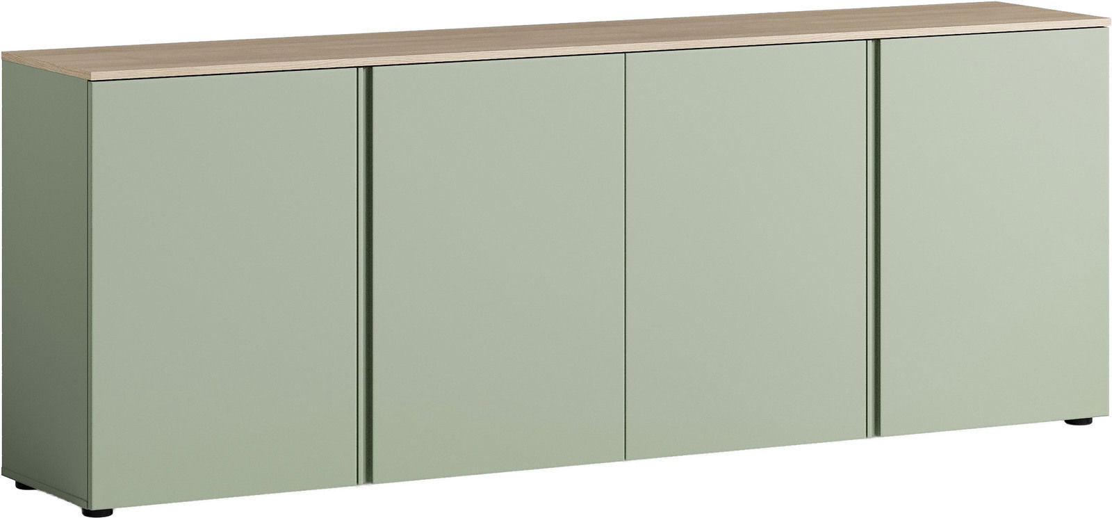 XL-Sideboard in hellem Grün mit Holzoberfläche, frontal betrachtet