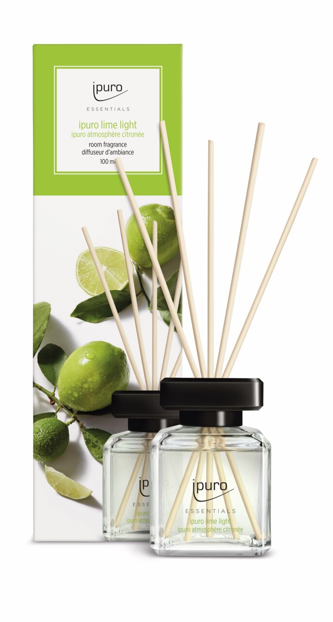 Ipuro Lime Light Raumduft 100ml mit Duftstäbchen, Vorderansicht, grüne Limetten auf der Verpackung