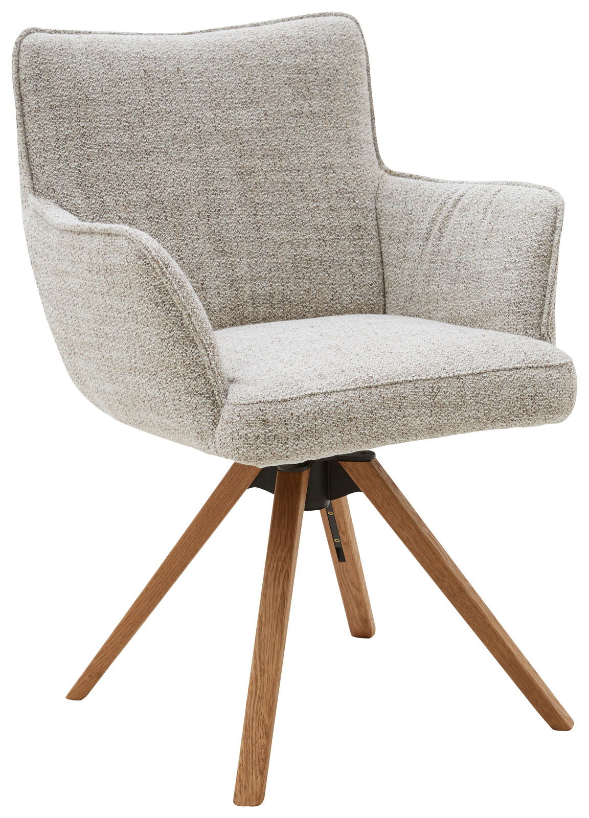 Moderner Armlehnstuhl mit hellgrauem Stoffbezug und Holzbeinen, seitliche Perspektive