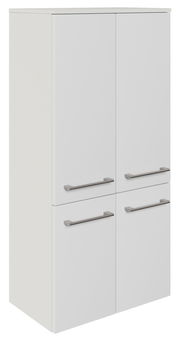 Weißer Midischrank mit vier Türen und silbernen Griffen, seitliche Perspektive