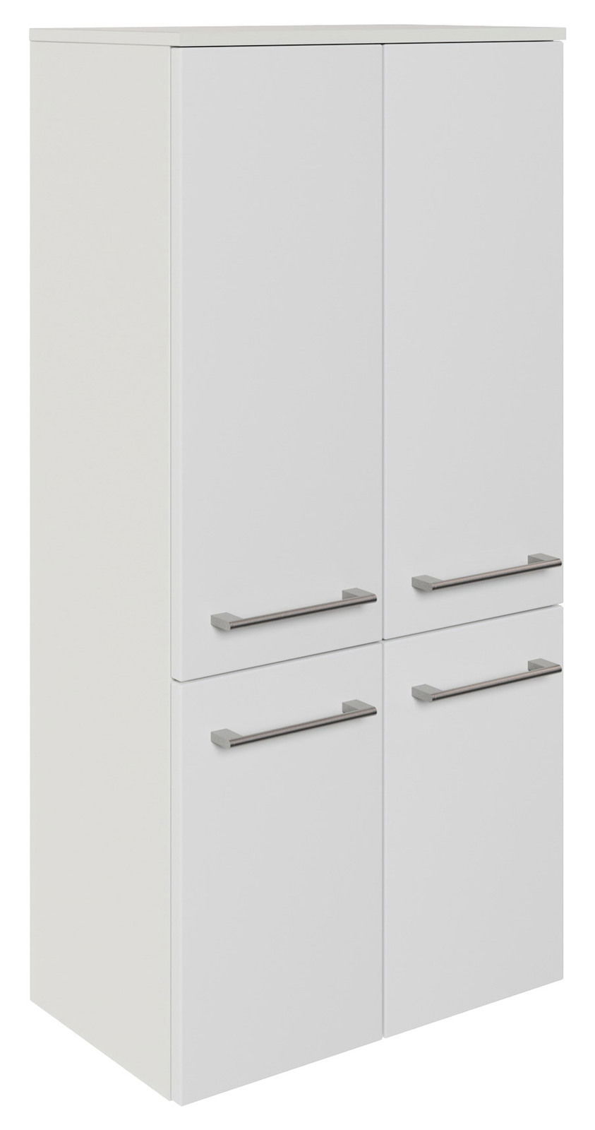 Weißer Midischrank mit vier Türen und silbernen Griffen, seitliche Perspektive