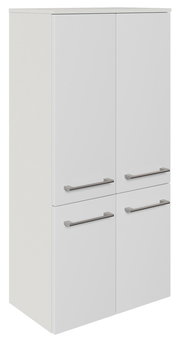 Weißer Midischrank mit vier Türen und silbernen Griffen, seitliche Perspektive