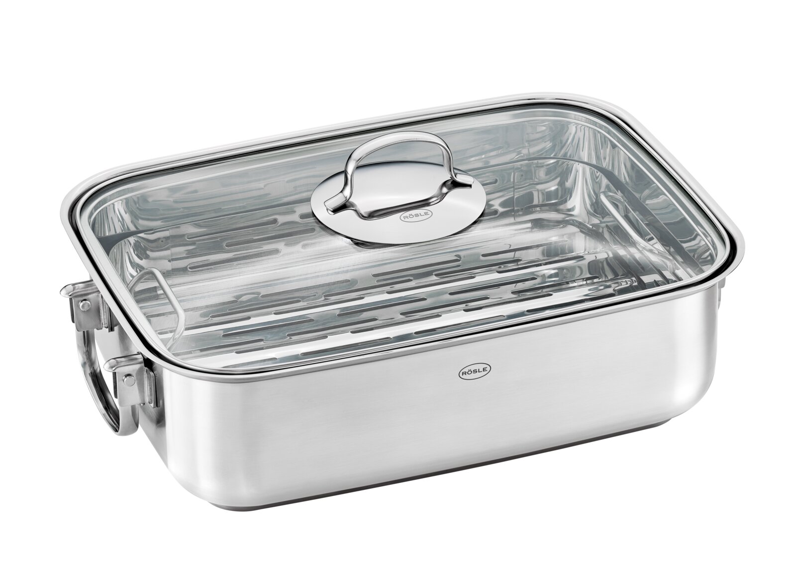 Rösle Rechthoekige braadpan ELEGANCE Rechthoekige roestvrijstalen braadpan met deksel, zijaanzicht