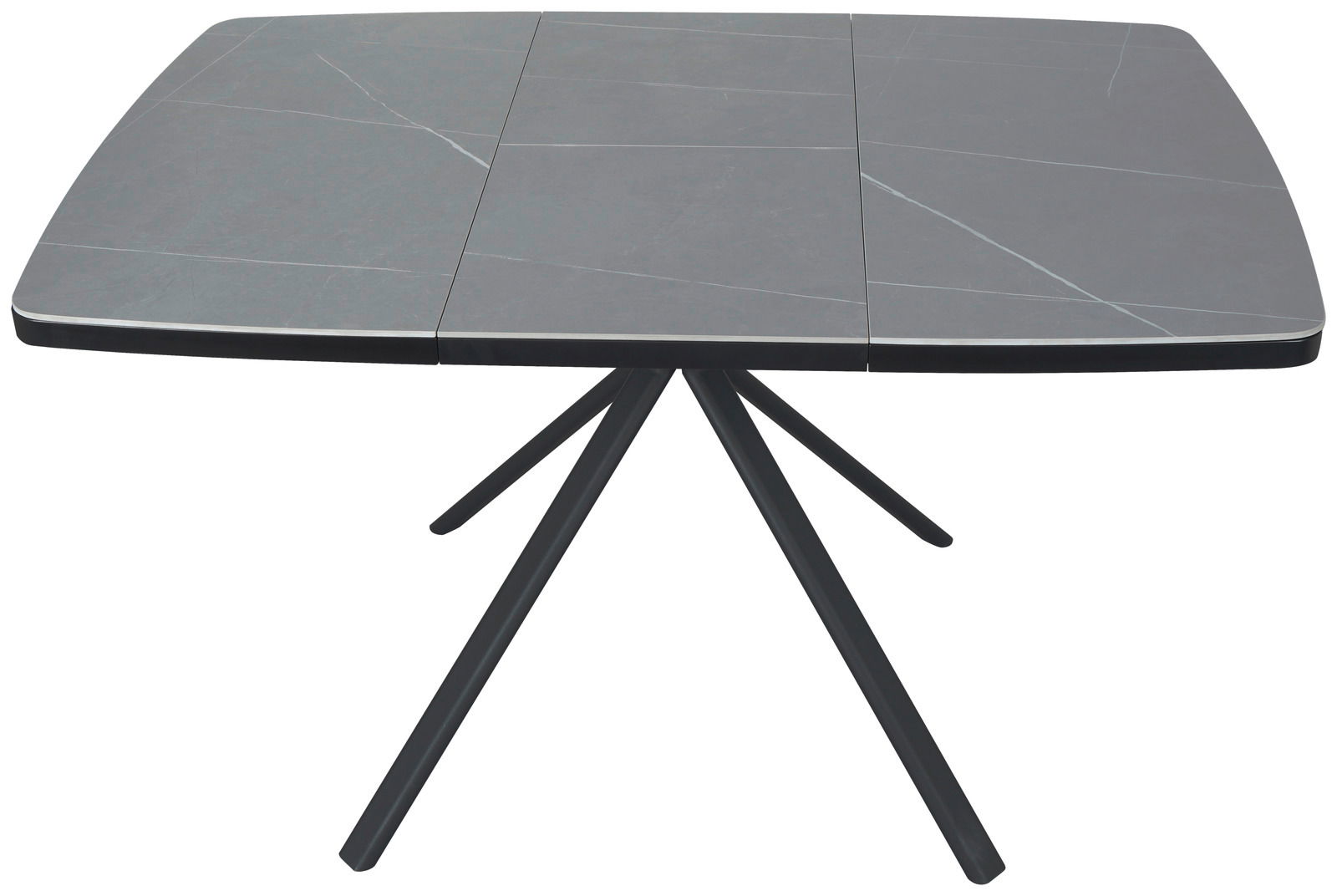 Moderner Esstisch mit grauer Tischplatte und schwarzem Metallgestell, seitliche Perspektive