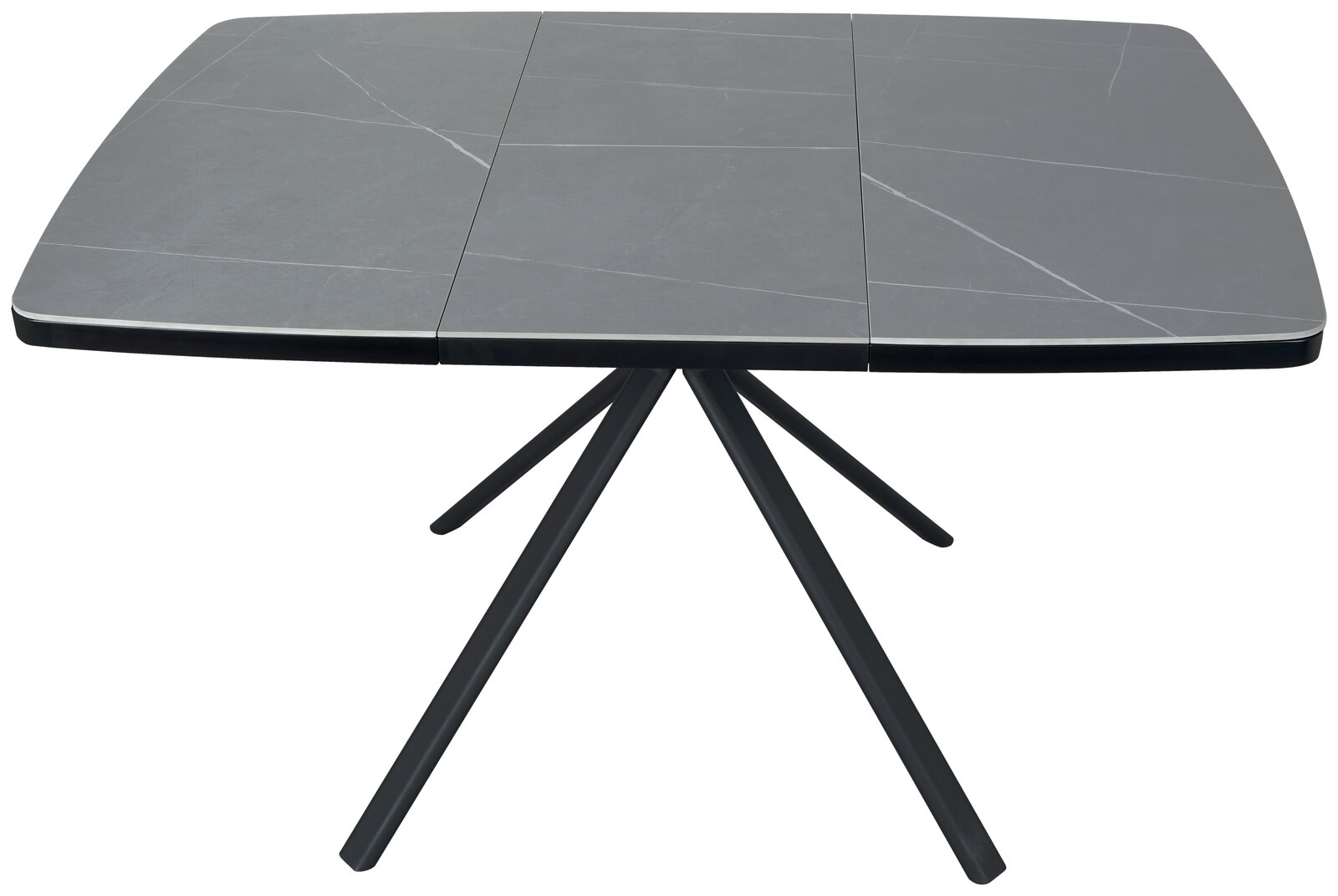 Moderner Esstisch mit grauer Tischplatte und schwarzem Metallgestell, seitliche Perspektive