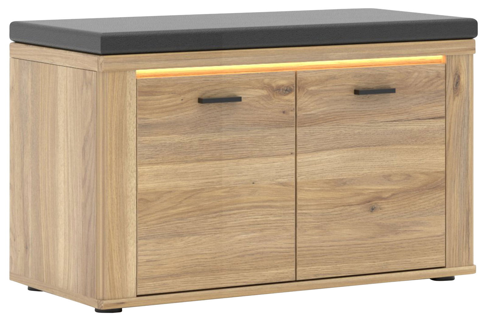 Garderobenbank aus Holz mit zwei Türen und schwarzer Sitzfläche, Frontansicht