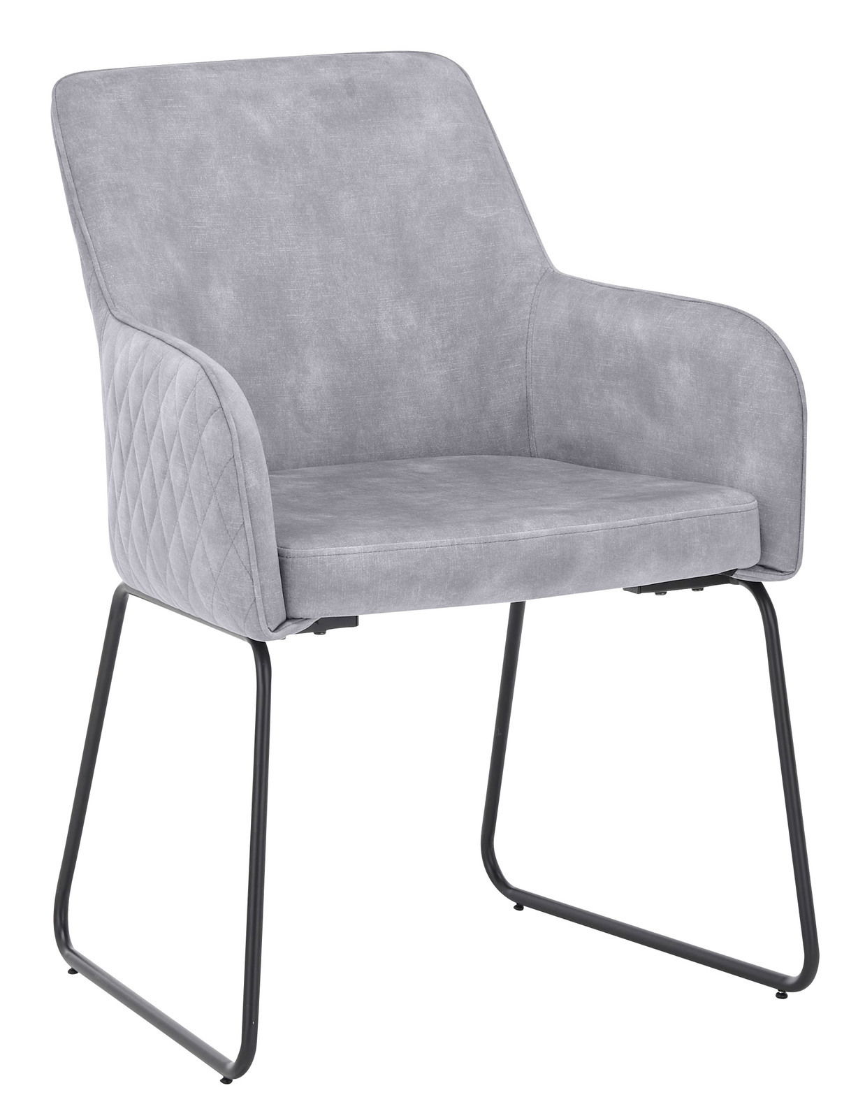 Grauer Kufenstuhl mit gepolstertem Sitz und Rückenlehne, seitliche Perspektive