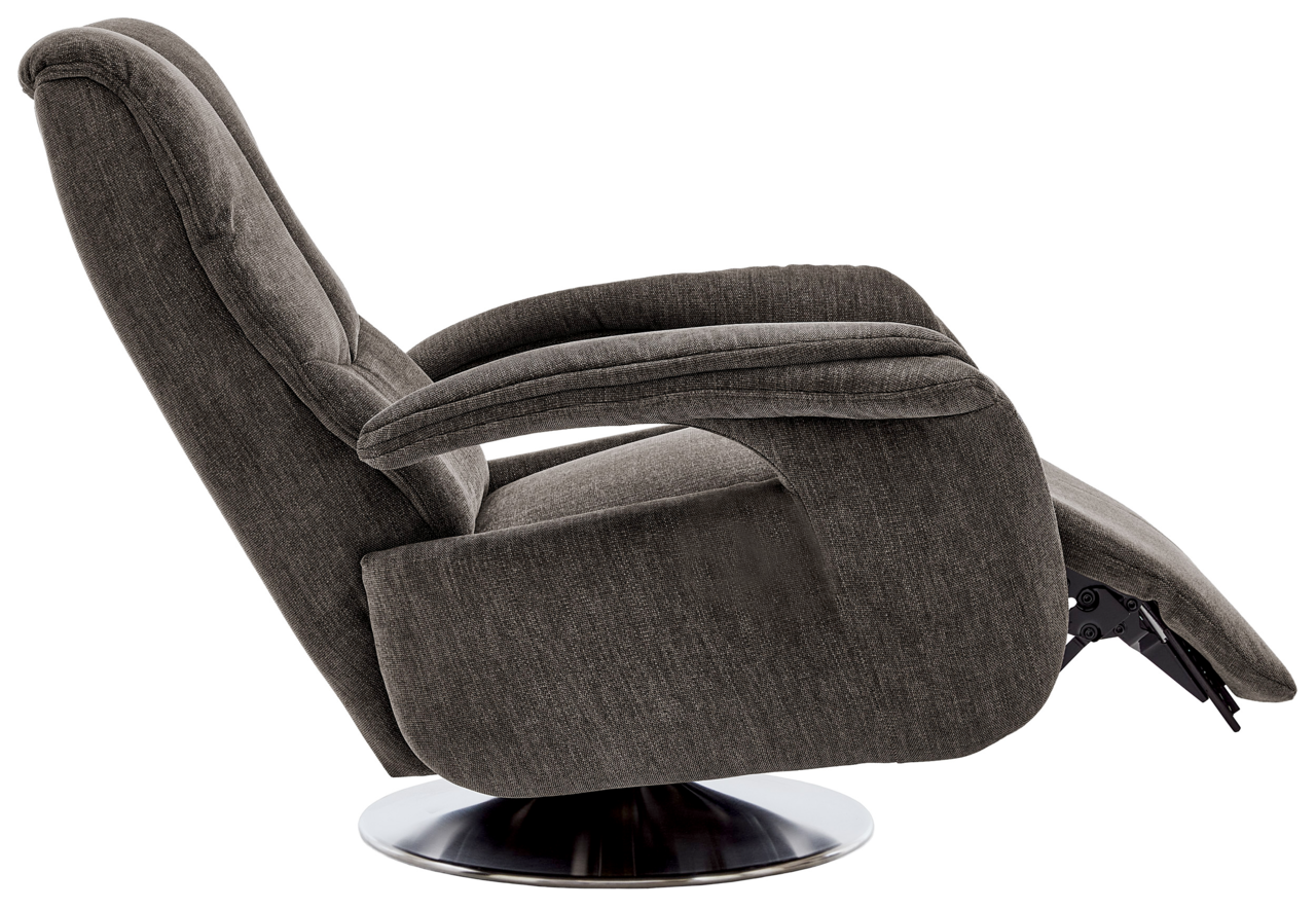 Seitliche Ansicht eines schmalen TV-Sessels mit verstellbarer Rückenlehne und modernem Design auf einem runden Metallfuß.