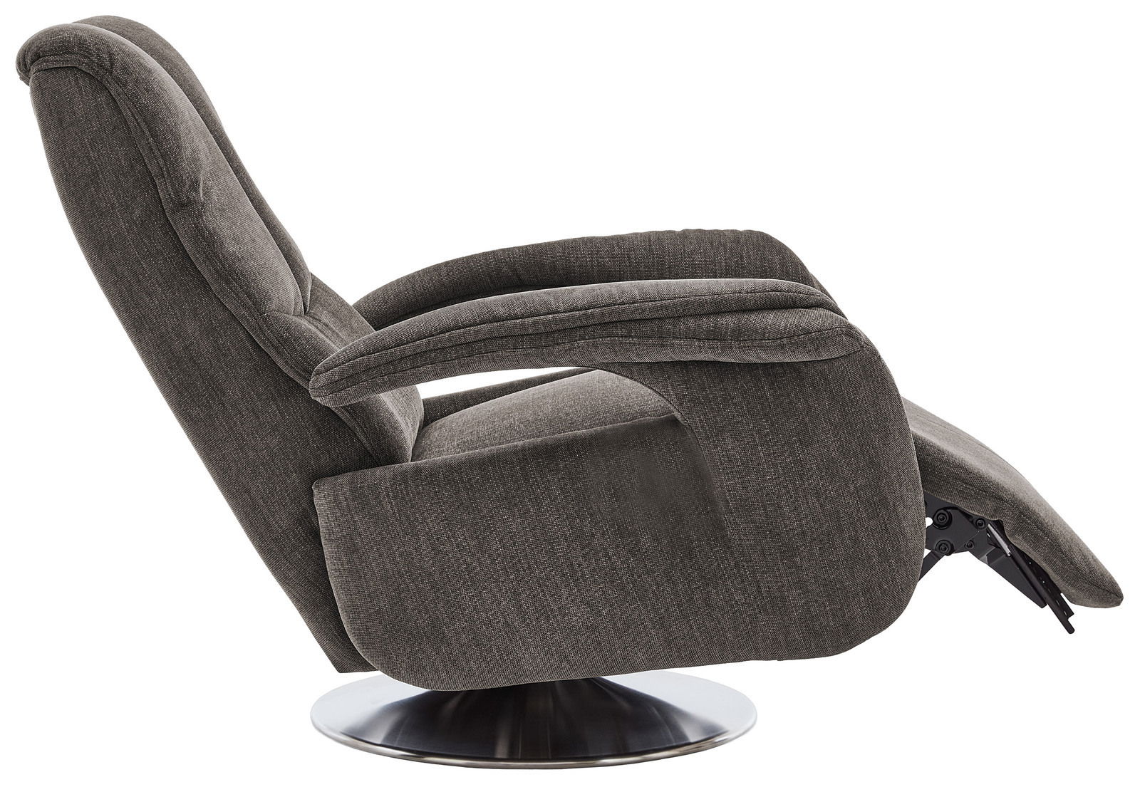 Seitliche Ansicht eines schmalen TV-Sessels mit verstellbarer Rückenlehne und modernem Design auf einem runden Metallfuß.