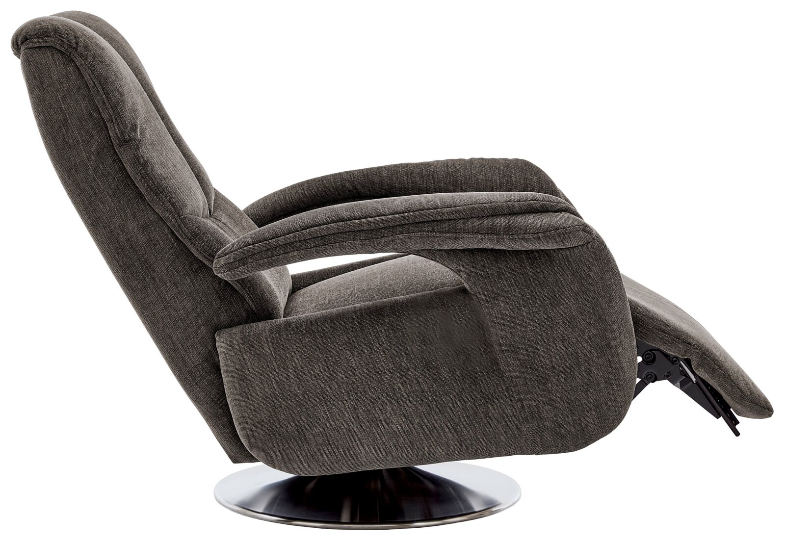 Zijaanzicht van een smalle tv-fauteuil met verstelbare rugleuning en een modern ontwerp op een ronde metalen voet.