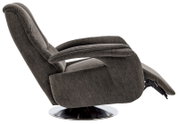 Zijaanzicht van een smalle tv-fauteuil met verstelbare rugleuning en een modern ontwerp op een ronde metalen voet.