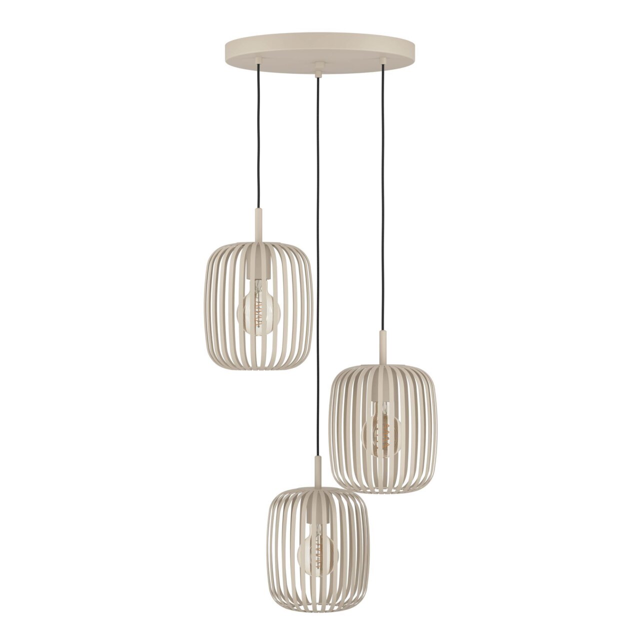 Dreiflammige Pendelleuchte ROMAZZINA in Beige mit modernen, offenen Lampenschirmen aus Holz, von unten betrachtet.