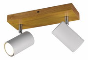 Zweiflammiger Spot MARLEY mit zylindrischen, weißen Leuchtenköpfen und einer rechteckigen Holzhalterung, seitliche Perspektive